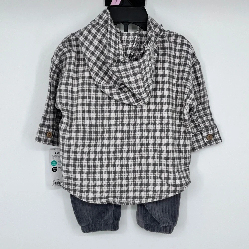 Carter's Child of Mine 2pc Outfit Set Boys 0-3M‎ Grey Plaid Hooded Shirt Pants